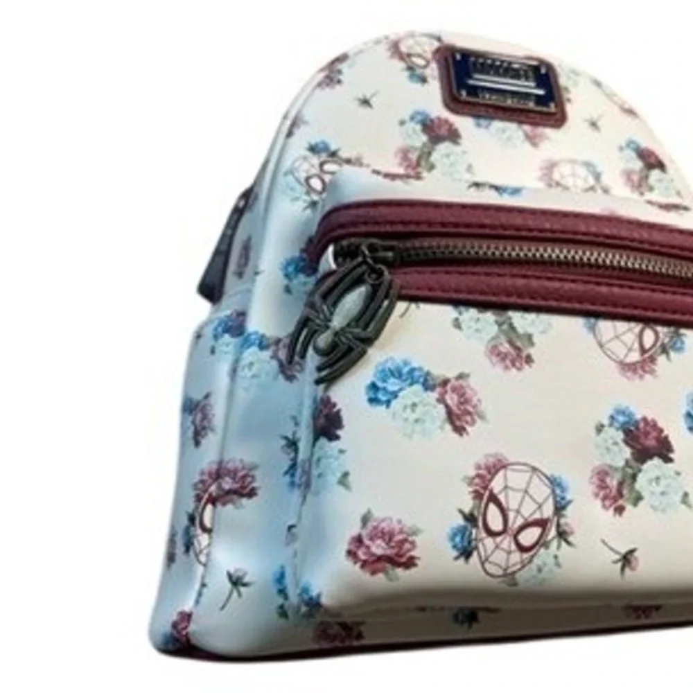 Loungefly Marvel Spider-Man Floral Mini Backpack Cream Burgundy Faux Leather NEW